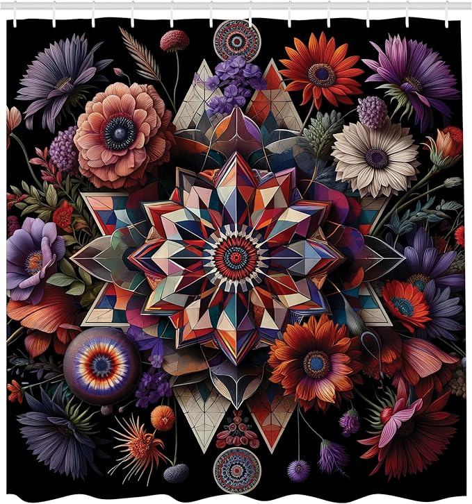 Ambesonne Boho Floral Shower Curtain, Abstract Exotic Flowers Arrange with Trippy Element on Dark Back Print, Cloth Fabric Bathroom Decor Set with Hooks, 69" W x 75" L, Purple Black Coral