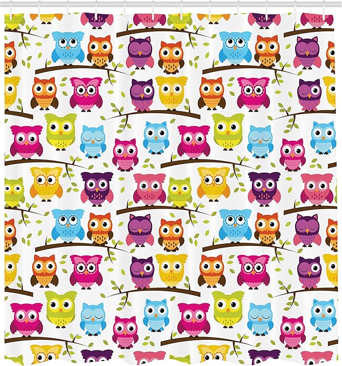 Ambesonne Owls Shower Curtain, Owls in The Forest Woodland Celebration Friendship Togetherness Themed Artwork Print, Cloth Fabric Bathroom Decor Set with Hooks, 69" W x 75" L, Green Magenta
