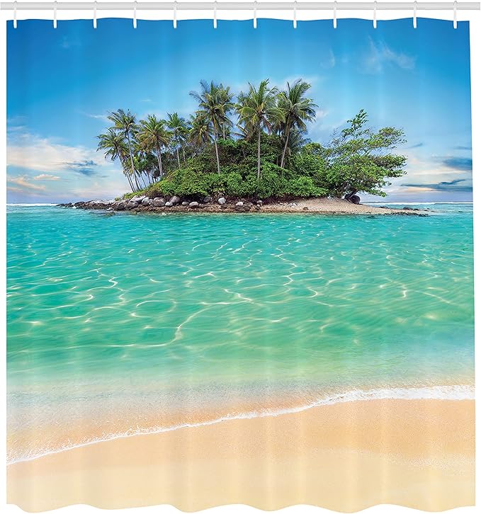 Ambesonne Island Shower Curtain, Tropical Island Sandy Seaside Clear Water Honeymoon Destination Waterscape, Cloth Fabric Bathroom Decor Set with Hooks, 69" W x 70" L, Cream Blue Green