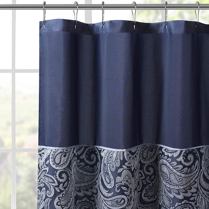 Madison Park Aubrey Shower Curtain Paisley Jacquard Pieced Microfiber Faux Silk Modern Home Bathroom Decorations Bathtub Privacy Screen, Decorative Bathroom, 72" x 72", Navy