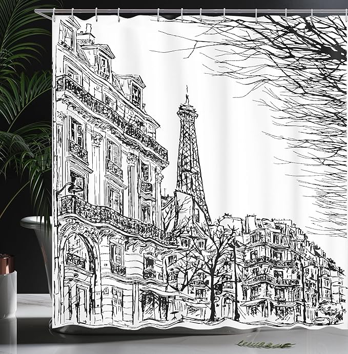 Ambesonne Paris Shower Curtain, Sketch Parisian Street with Trees and Eiffel Famous City Scenery Architectural Print, Cloth Fabric Bathroom Decor Set with Hooks, 69" W x 70" L, Black White