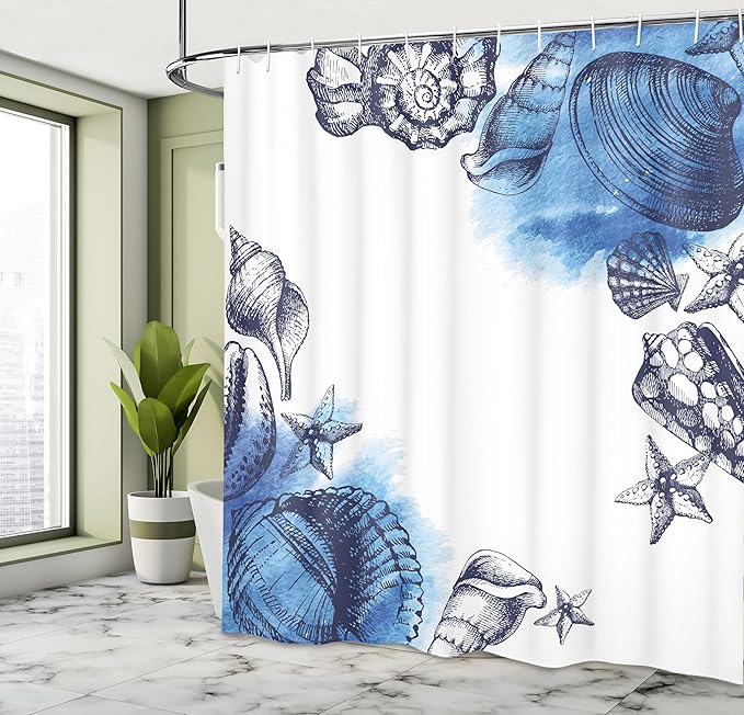 Ambesonne Ocean Shower Curtain, Sealife Sea Shells and Sand Stones Deep Water Star Fish Blue Toned Design, Cloth Fabric Bathroom Decor Set with Hooks, 69" W x 84" L, Navy Blue and White