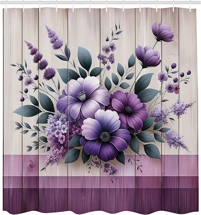 Ambesonne Purple Shower Curtain, Modern Farmhouse Themed Rustic Back with Greenery Leaves Floral Huddle, Cloth Fabric Bathroom Decor Set with Hooks, 69" W x 75" L, Lavender Indigo Eggshell