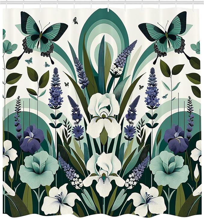 Ambesonne Teal Shower Curtain, Curving Leaves and Floral Mirage with Iris Lavender Eucalyptus Butterfly, Cloth Fabric Bathroom Decor Set with Hooks, 69" W x 84" L, Seafoam Jade Green Ivory