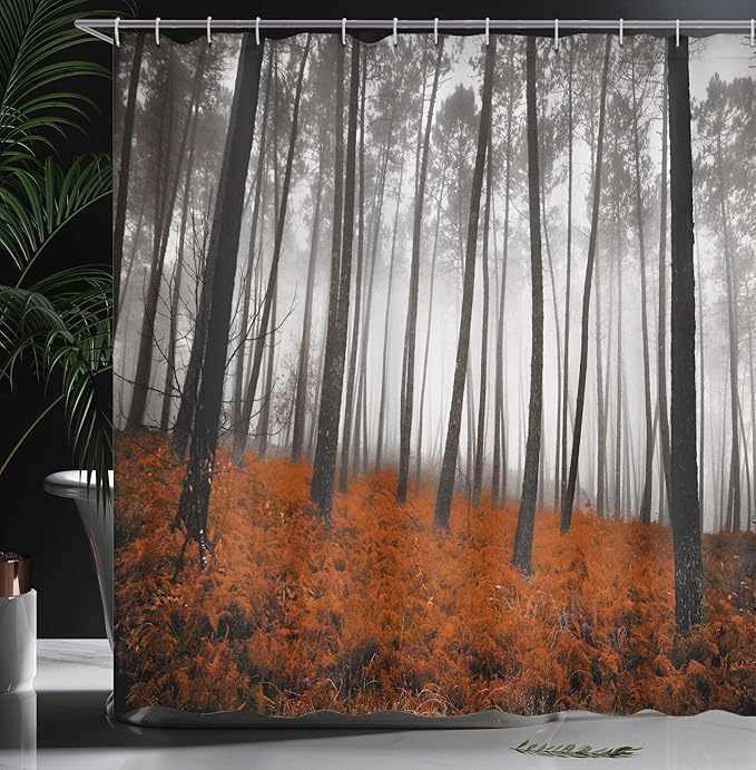 Ambesonne Forest Shower Curtain, Mystical Fantasy Woodland Under Heavy Fog Tall Trees Bushes Contrast Colors, Cloth Fabric Bathroom Decor Set with Hooks, 69" W x 70" L, Ginger Black
