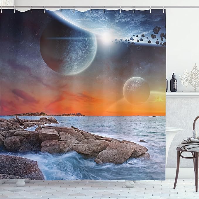 Ambesonne Galaxy Shower Curtain, Planet Landscape View from a Rocky Beach Ocean Science Theme Astro Art Illustration Print, Fabric Bathroom Decor Set with Hooks, 69" W x 75" L, Orange Umber