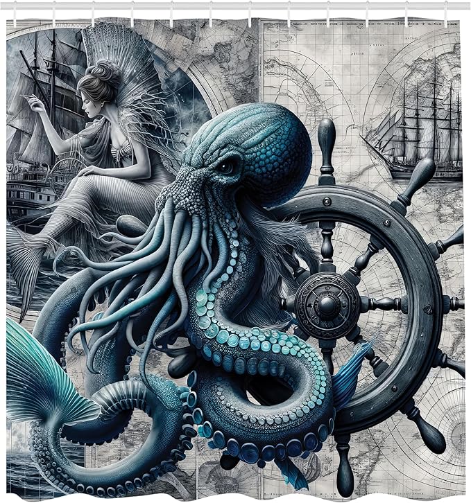 Ambesonne Blue Shower Curtain, Nautical Concept Gothic Marine Fantasy Sailors Nightmare Kraken Siren, Cloth Fabric Bathroom Decor Set with Hooks, 69" W x 70" L, Dark Blue Grey and Ivory