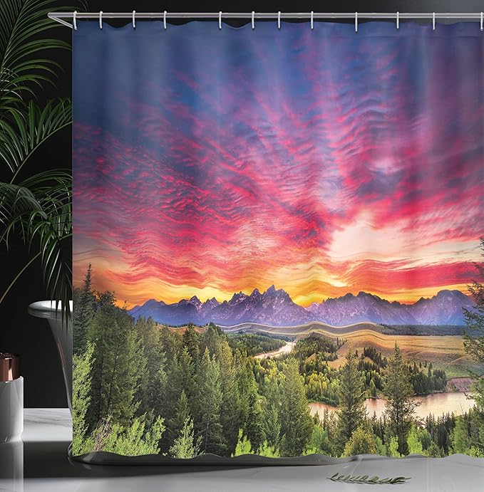 Ambesonne Landscape Shower Curtain, Colorful Skyline with Clouds in The Forest Lake River Mountain Landscape Sunburst, Cloth Fabric Bathroom Decor Set with Hooks, 69" W x 70" L, Hot Pink