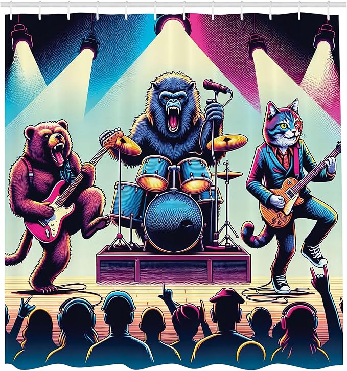 Ambesonne Rocker Animals Shower Curtain, Grizzly Bear Gorilla and Big Wild Cat Band Funny Stage Music Party, Cloth Fabric Bathroom Decor Set with Hooks, 69" W x 70" L, Fuchsia Blue Peach