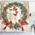 Ambesonne Christmas Shower Curtain, Vintage Red Cardinal Birds and Xmas Wreath Ornate Snowy Visual, Cloth Fabric Bathroom Decor Set with Hooks, 69" W x 70" L, Dark Coral Green and Beige