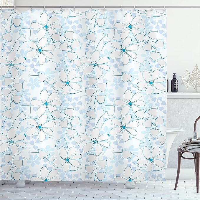 Ambesonne Blue Shower Curtain, Abstract Flowers with Heart Shaped Leaves Romantic Fresh Beauty in Nature, Cloth Fabric Bathroom Decor Set with Hooks, 69" W x 70" L, Pale Blue Aqua White