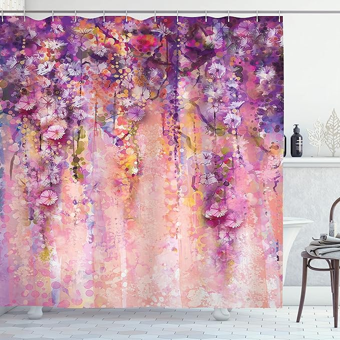 Ambesonne Watercolor Flower Shower Curtain, Wisteria Tree in Full Blossom Romantic Spring Over Bokeh Background, Cloth Fabric Bathroom Decor Set with Hooks, 69" W x 70" L, Purple Peach