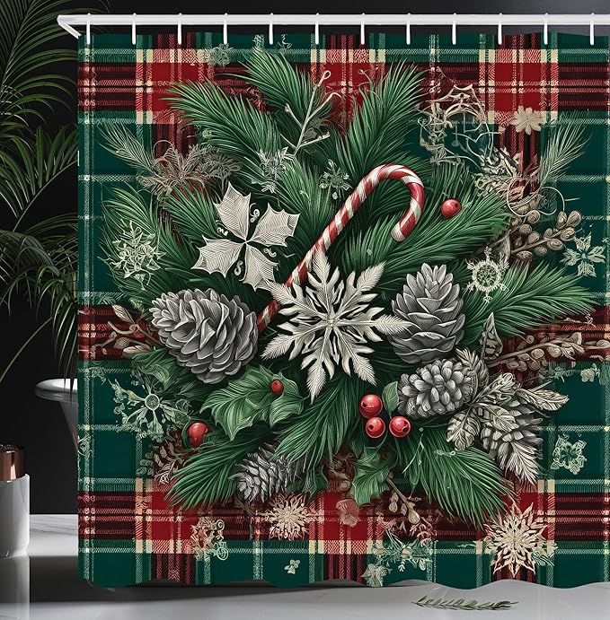 Ambesonne Christmas Shower Curtain, Traditional Xmas Pinecone Candies and Leaves Ornate on Plaid Background, Cloth Fabric Bathroom Decor Set with Hooks, 69" W x 70" L, Green Grey and Ruby