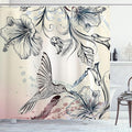 Ambesonne Hummingbird Shower Curtain, Floral Art in Vintage Style Bird Hibiscus Flowers and Feathers, Cloth Fabric Bathroom Decor Set with Hooks, 69" W x 70" L, Teal Brown