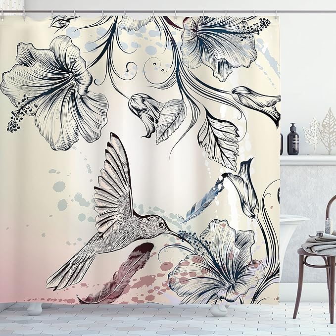 Ambesonne Hummingbird Shower Curtain, Floral Art in Vintage Style Bird Hibiscus Flowers and Feathers, Cloth Fabric Bathroom Decor Set with Hooks, 69" W x 70" L, Teal Brown