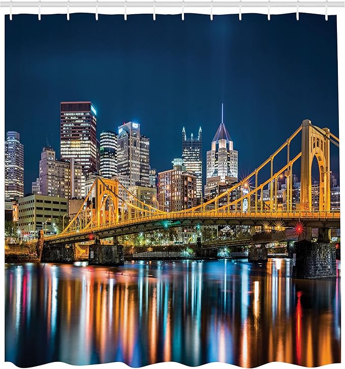 Ambesonne City Pittsburgh Shower Curtain, Rachel Carson Bridge and Reflection on River Landscape Nighttime, Cloth Fabric Bathroom Decor Set with Hooks, 69" W x 70" L, Dark Blue Amber