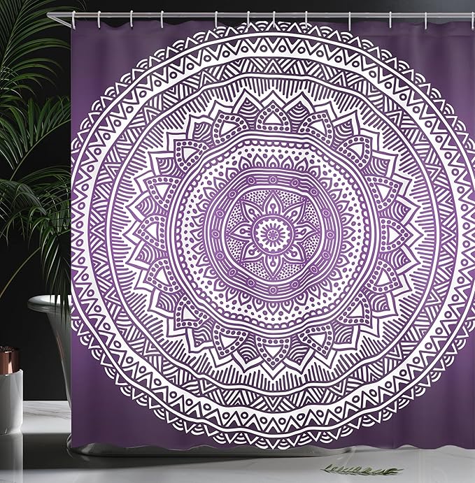 Ambesonne Purple Shower Curtain, Ombre Mandala Art Print Vibrant Floral Pattern Boho Hippie Inspired Design, Cloth Fabric Bathroom Decor Set with Hooks, 69" W x 70" L, Purple and White