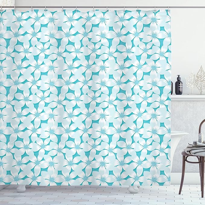 Ambesonne Turquoise Shower Curtain, Macro Tropical Hibiscus Flowers Pattern in Gradient Colors Hawaiian Exotic Print, Cloth Fabric Bathroom Decor Set with Hooks, 69" W x 70" L, Ivory Blue