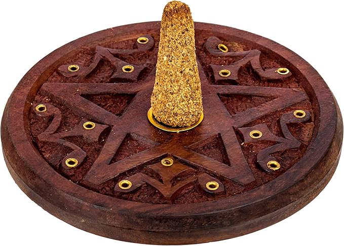 Pentagram Incense Holder - Handcrafted Incense Burner fits 15 Incense Sticks and 1 Incense Cone - Carved Wood, Brass Holders - 5 Inches Wide