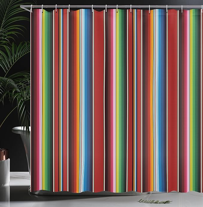 Ambesonne Cinco de Mayo Shower Curtain, Mexican Serape Colorful Stripes Vertical Lines Latino Design Illustration, Cloth Fabric Bathroom Decor Set with Hooks, 69" W x 70" L, Blue Vermilion Green