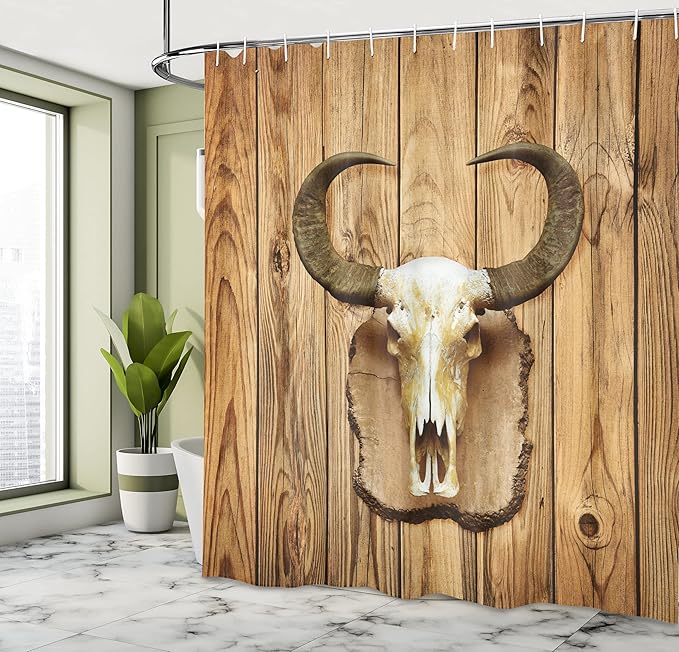 Ambesonne Western Shower Curtain, Buffalo Bull Skull with Horns Hanging on Rustic Wooden Plank Image Print, Cloth Fabric Bathroom Decor Set with Hooks, 69" W x 75" L, Brown Ivory