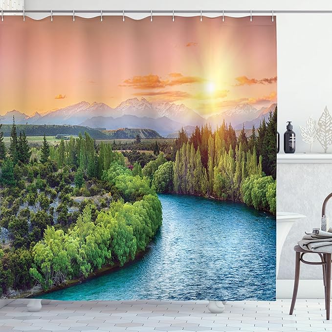 Ambesonne Eastern Shower Curtain, Sunset Over Bend of The River Clutha Alps Peaks on Horizon New Zealand, Cloth Fabric Bathroom Decor Set with Hooks, 69" W x 84" L, Apple Green