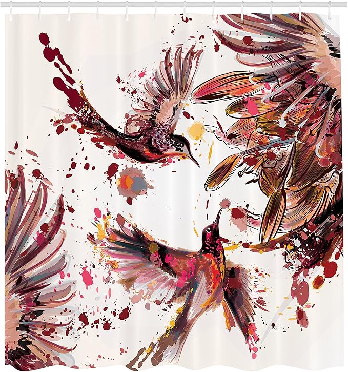 Ambesonne Hummingbird Shower Curtain, Art Lily Flowers Birds and Color Splashes in Watercolor Painting Style, Cloth Fabric Bathroom Decor Set with Hooks, 69" W x 84" L, Dark Peach