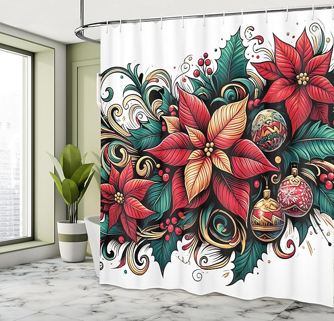 Ambesonne Christmas Shower Curtain, Poinsettia Xmas Flowers with Ornate Globes Illustration Print, Cloth Fabric Bathroom Decor Set with Hooks, 69" W x 75" L, Hot Pink Forest Green and Tan