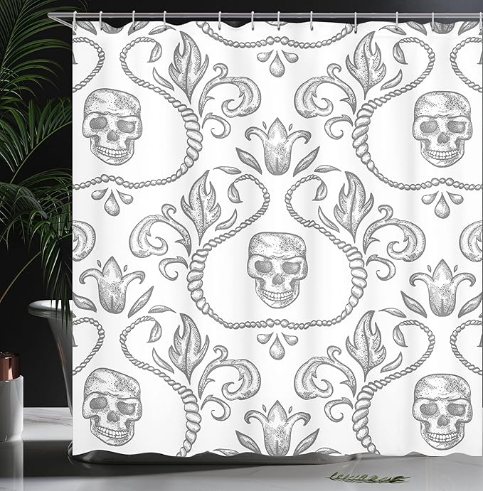 Ambesonne Gothic Shower Curtain, Ornament Skull Goth Skeleton Floral Motifs in Baroque Style Illustration, Cloth Fabric Bathroom Decor Set with Hooks, 69" W x 70" L, Pale Grey