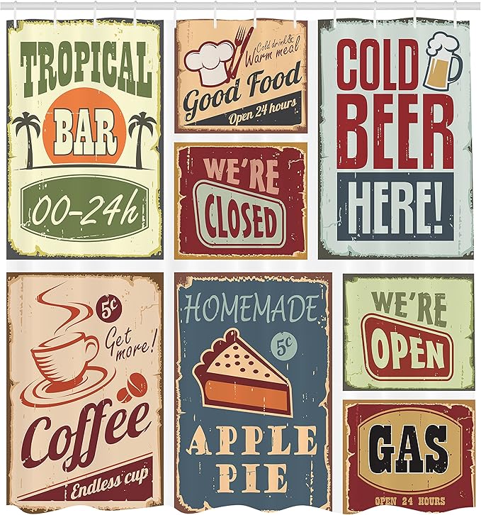Ambesonne 1950s Shower Curtain, Vintage Style Signs Advertising Beverage Coffee Drink Aged Glass Tropical Nostalgia, Cloth Fabric Bathroom Decor Set with Hooks, 69" W x 75" L, Burgundy Ivory