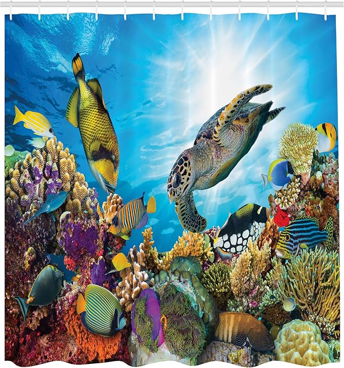 Ambesonne Ocean Shower Curtain, Colorful Fishes Hawksbill Floats Under Water Coral Reefs Aquatic Environment Theme, Cloth Fabric Bathroom Decor Set with Hooks, 69" W x 70" L, Sea Blue