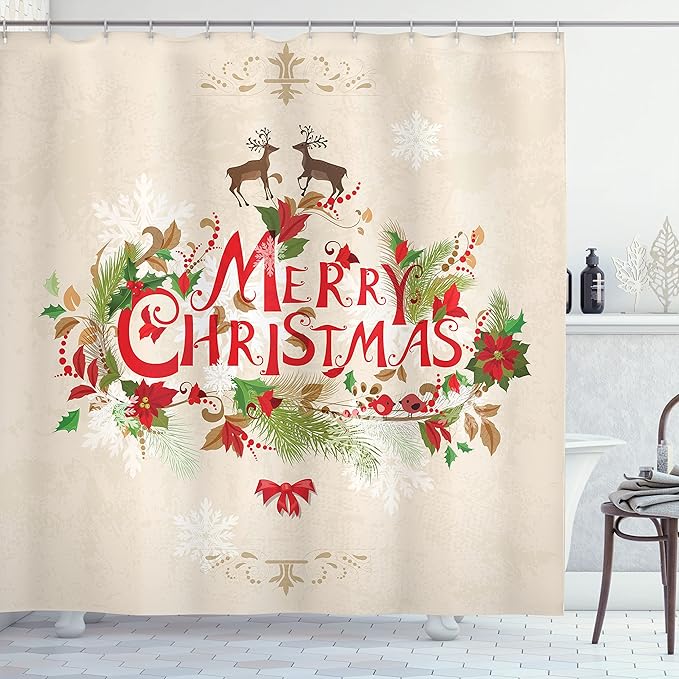 Ambesonne Christmas Shower Curtain, Merry Xmas Wish with Fir Tree Branches Poinsettia Flowers Birds and Deer, Cloth Fabric Bathroom Decor Set with Hooks, 69" W x 70" L, Green Red Tan