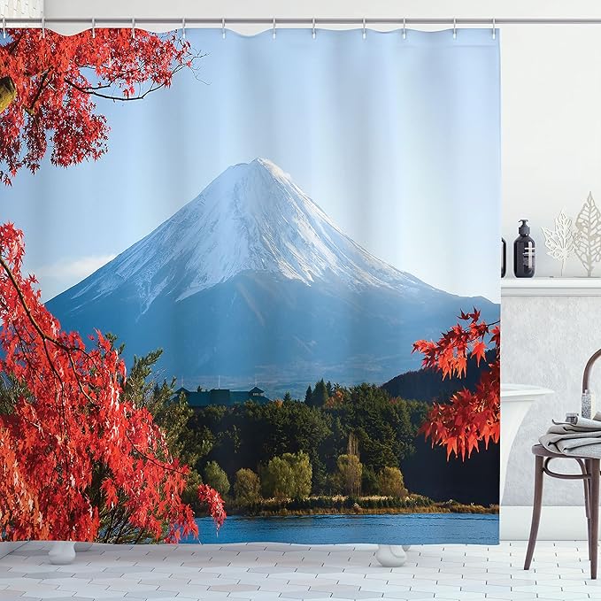 Ambesonne Landscape Shower Curtain, Mountain Fiji with Snowcapped Summit and Lake Maple Trees in Autumn, Cloth Fabric Bathroom Decor Set with Hooks, 69" W x 70" L, Paprika Blue and Green