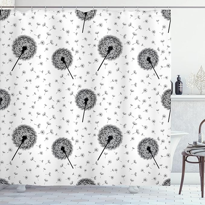 Ambesonne Black White Shower Curtain, Dandelions Floating in The Wind Freedom Spring Wildflowers Nature Floral, Cloth Fabric Bathroom Decor Set with Hooks, 69" W x 70" L, Black White