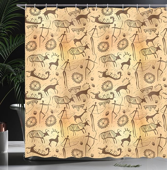 Ambesonne Prehistoric Shower Curtain, Dated Irregular Caveman Paint Forms with Bird and Cow Shape Early Modern Humans, Cloth Fabric Bathroom Decor Set with Hooks, 69" W x 70" L, Tan Brown
