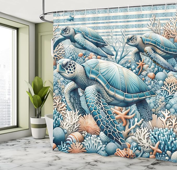 Ambesonne Turtle Shower Curtain, Underwater Corals and Loggerheads Sea Animals on Stripes Nautical Marine, Cloth Fabric Bathroom Decor Set with Hooks, 69" W x 75" L, Salmon and Sea Blue