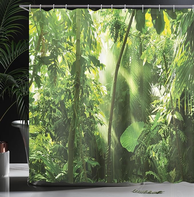 Ambesonne Forest Shower Curtain, Summer Tropical Monsoon Jungle with Exotic Tree Types and Big Leaves Scene, Cloth Fabric Bathroom Decor Set with Hooks, 69" W x 75" L, Yellow and Green