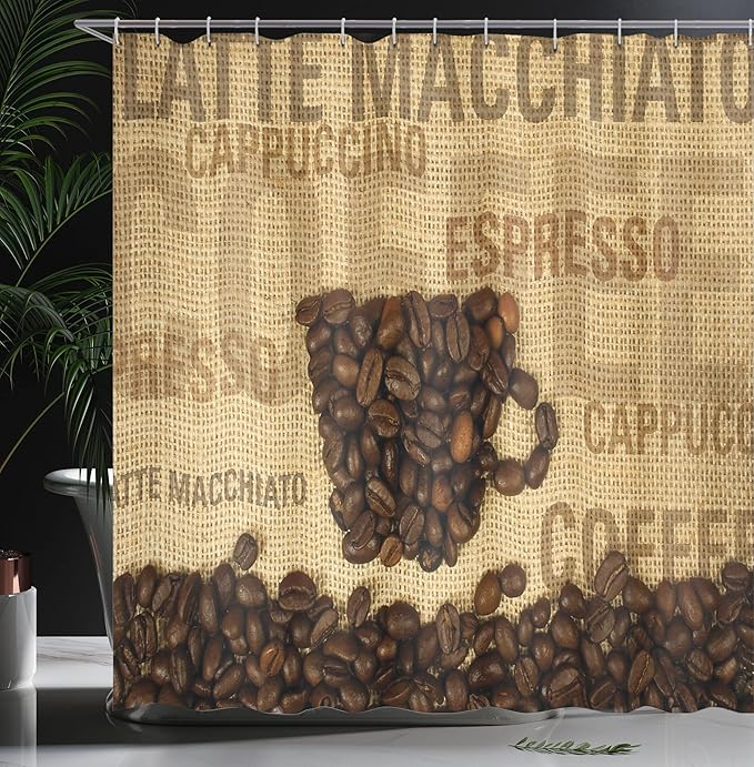 Ambesonne Coffee Shower Curtain, Coffee Beans Shaped in Mug and Coffee Types Letterings Art Print, Cloth Fabric Bathroom Decor Set with Hooks, 69" W x 75" L, Dark Brown Pale Brown