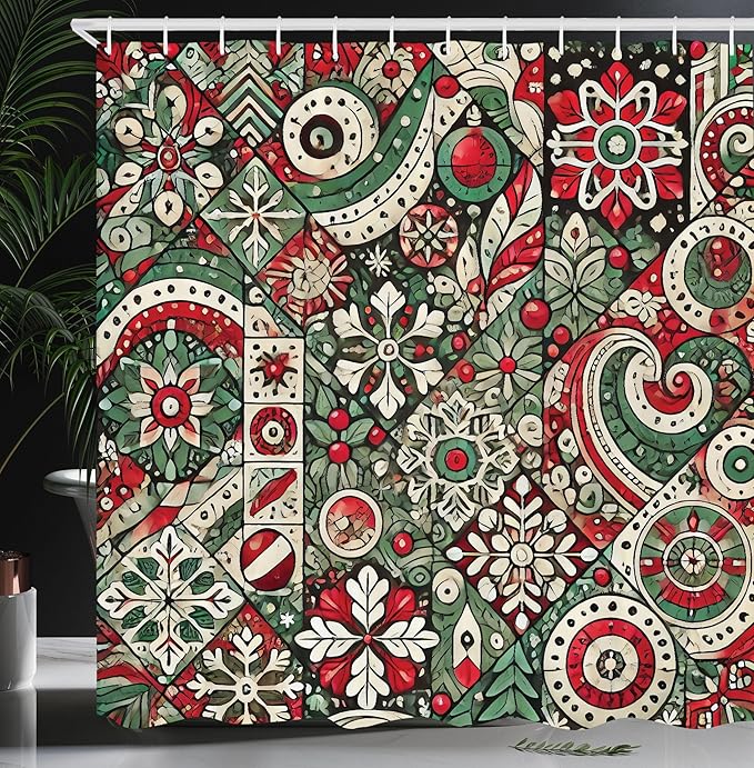 Ambesonne Christmas Shower Curtain, Jumble Design of Leafy Atmosphere Xmas Floral and Winter Bells Party, Cloth Fabric Bathroom Decor Set with Hooks, 69" W x 70" L, Dark Pink Laurel Green