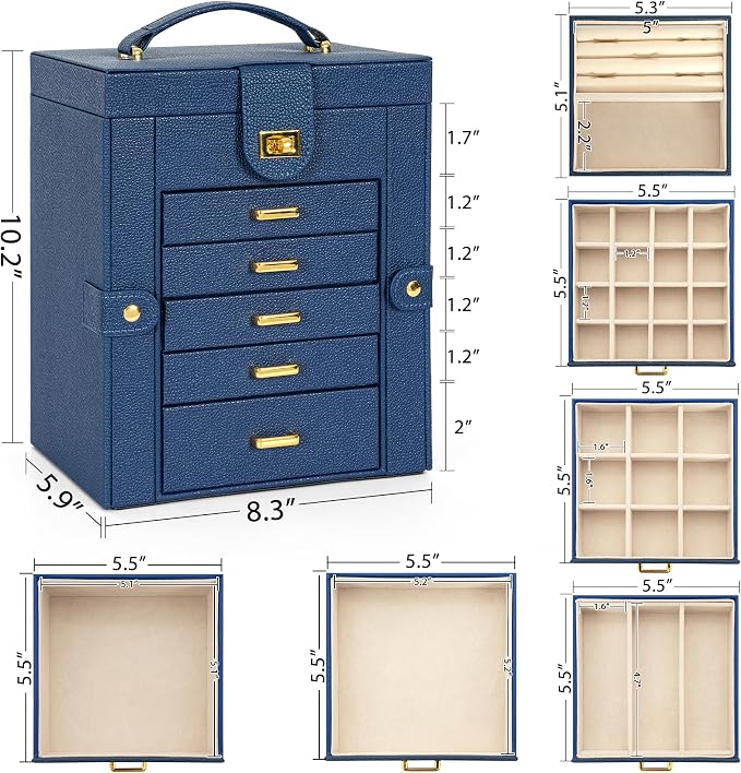AKOZLIN 6-Tier Jewelry Box Organizer Functional 5 Drawers Leather Jewelry Storage Case for Women Girls Ring Necklace Earring Bracelet Holder Organizer with Mirror Blue Regular
