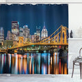 Ambesonne City Pittsburgh Shower Curtain, Rachel Carson Bridge and Reflection on River Landscape Nighttime, Cloth Fabric Bathroom Decor Set with Hooks, 69" W x 70" L, Dark Blue Amber