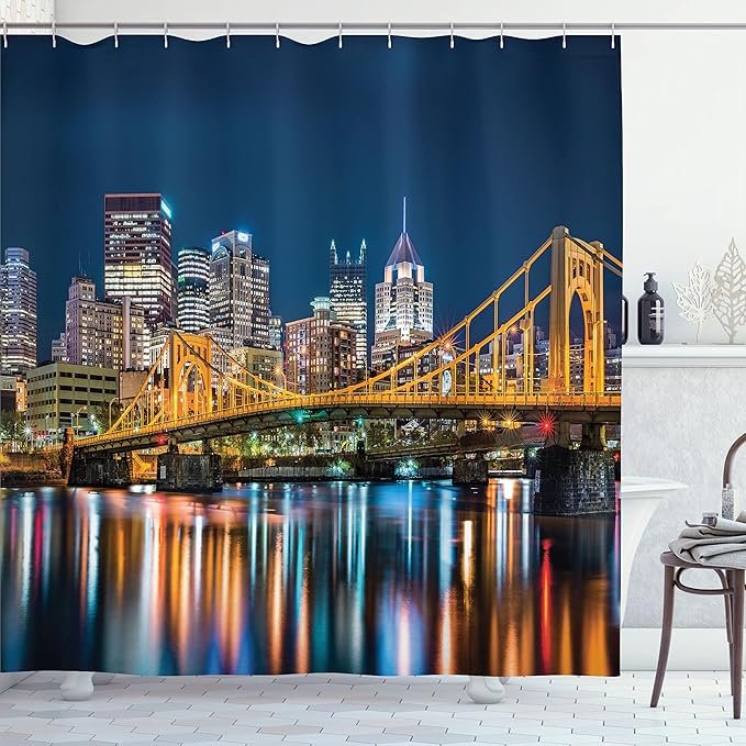 Ambesonne City Pittsburgh Shower Curtain, Rachel Carson Bridge and Reflection on River Landscape Nighttime, Cloth Fabric Bathroom Decor Set with Hooks, 69" W x 70" L, Dark Blue Amber