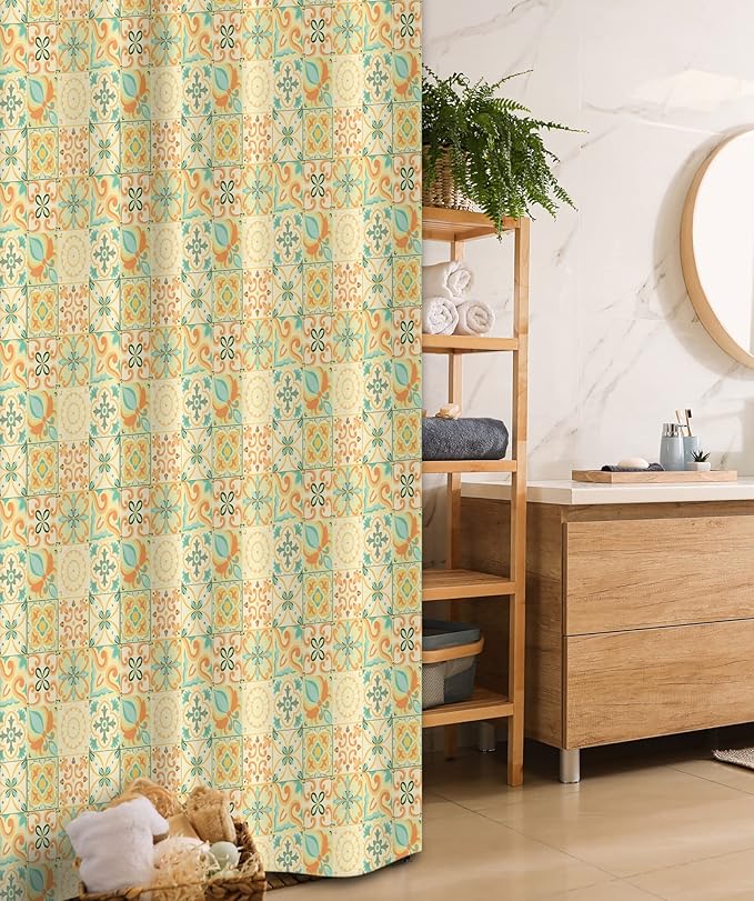 Ambesonne Vintage Stall Shower Curtain, Italian Style Checkered Pattern with Floral Motifs Traditional Antique Art Design, Fabric Bathroom Decor Set with Hooks, 36" W x 72" L, Seafoam Dark Peach