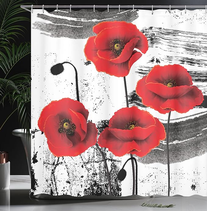 Ambesonne Poppy Flower Shower Curtain, Composition of Blossomings with Grunge Brush Background, Cloth Fabric Bathroom Decor Set with Hooks, 69" W x 70" L, Vermilion Grey