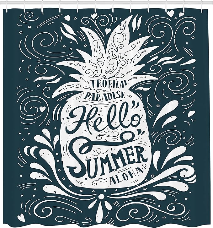 Ambesonne Summer Shower Curtain, Print Hello Summer Aloha with a Pineapple Summertime Tropic Exotic Warm Weather, Cloth Fabric Bathroom Decor Set with Hooks, 69" W x 75" L, White Black