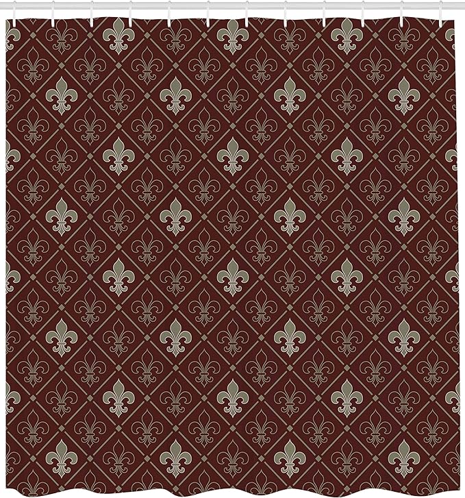 Ambesonne Fleur De Lis Shower Curtain, Fleur-de-Lis in Diamond Shape Lines Classical Cultural Victorian Style, Cloth Fabric Bathroom Decor Set with Hooks, 69" W x 84" L, Green Maroon