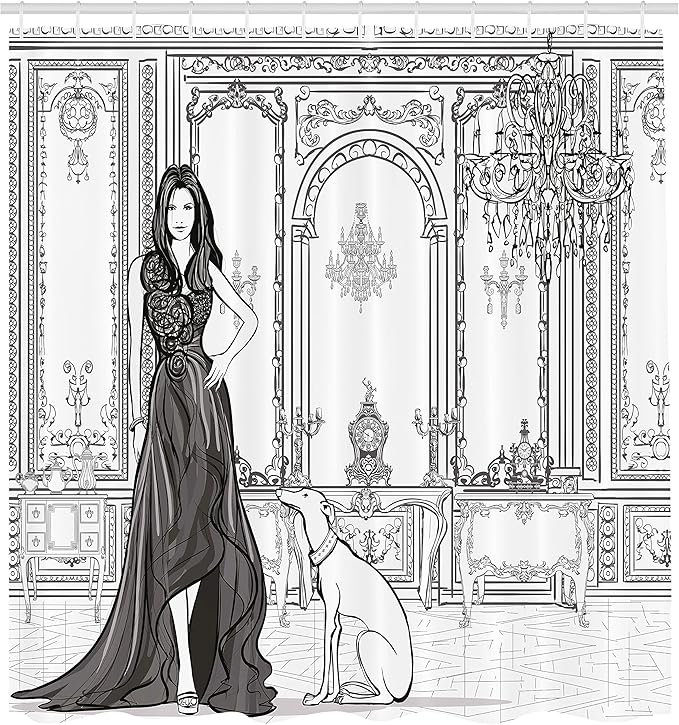 Ambesonne Teen Room Shower Curtain, Fashion Woman in Victorian Palace Dog Baroque Illustration Print, Cloth Fabric Bathroom Decor Set with Hooks, 69" W x 84" L, Dark Grey and White