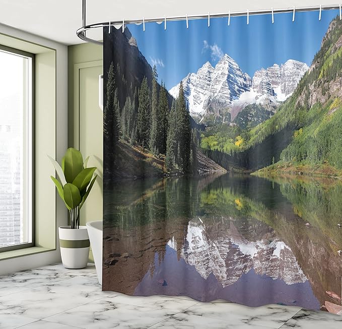 Ambesonne Landscape Shower Curtain, Snow Covered Maroon Bells in Autumn Trees Mountain Reflection Lake Scenery, Cloth Fabric Bathroom Decor Set with Hooks, 69" W x 84" L, Green Blue White