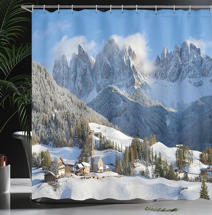 Ambesonne Mountain Shower Curtain, Mountain Village Scenery in Winter with Snow Peaks Northern Zone Spot Alps, Cloth Fabric Bathroom Decor Set with Hooks, 69" W x 75" L, White Green