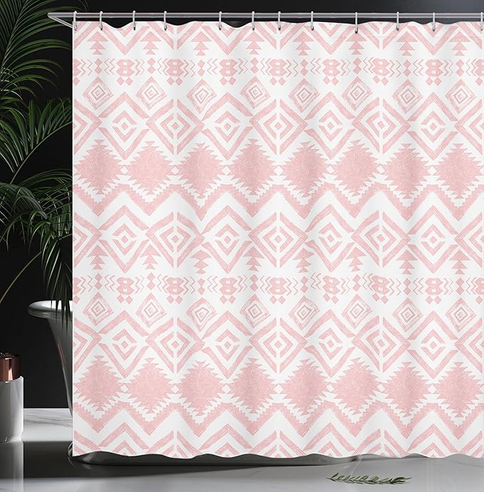 Ambesonne Tribal Shower Curtain, Hand Drawn Style Ethnic Pattern Geometric and Ornamental Aztec Design Print, Cloth Fabric Bathroom Decor Set with Hooks, 69" W x 75" L, Pale Pink